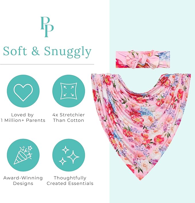 Posh Peanut Swaddle Blanket + Headband Set - Soft Newborn Swaddle Doubles As a Stroller, Receiving Blanket, and Nursing Cover - Matching Baby Swaddles & Headbands for Everyday