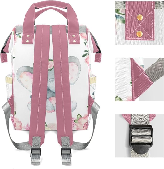 Personalized Elephant Pink Floral Custom with Name Diaper Bag Backpack For Baby Boy Girl Dad Mom Unisex for Adult Daypack Holiday Gift