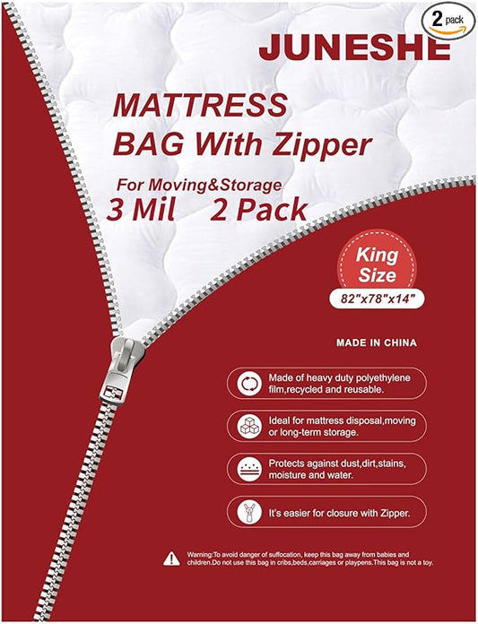 2 Pack King Mattress Bags for Moving and Storage-3 Mil Zipper Plastic Waterproof Mattress Storage Bags
