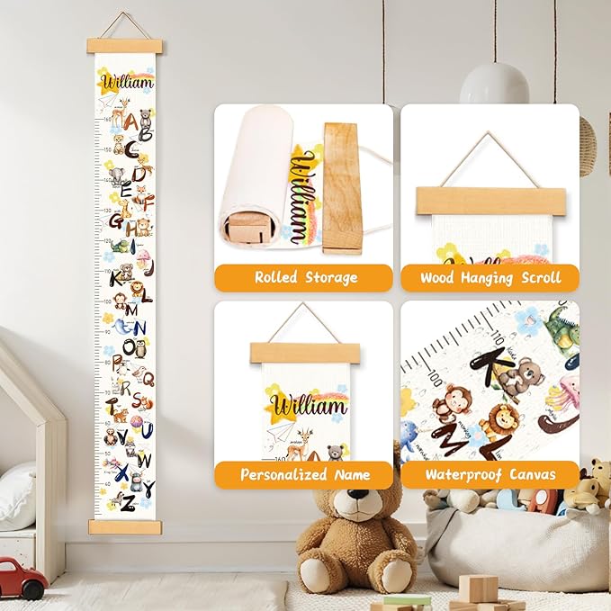 Woodemon Personalized Name Baby Height Growth Chart, Letters Canvas Height Chart for Kids Baby Toddler Boys Girls, Canvas&Wood Growth Chart for Wall Room Nursery Decor, Hanging Rulers