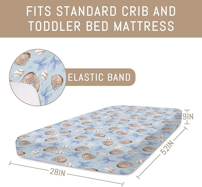 Pastel Blue Baseball Bows Baby Crib Sheets for Boys Watercolor Boy Baseball Soft Snug Fitted Crib Mattress Covers for 52''x28'' Standard Crib & Toddler Mattresses Outdoor Sports Bed Sheets