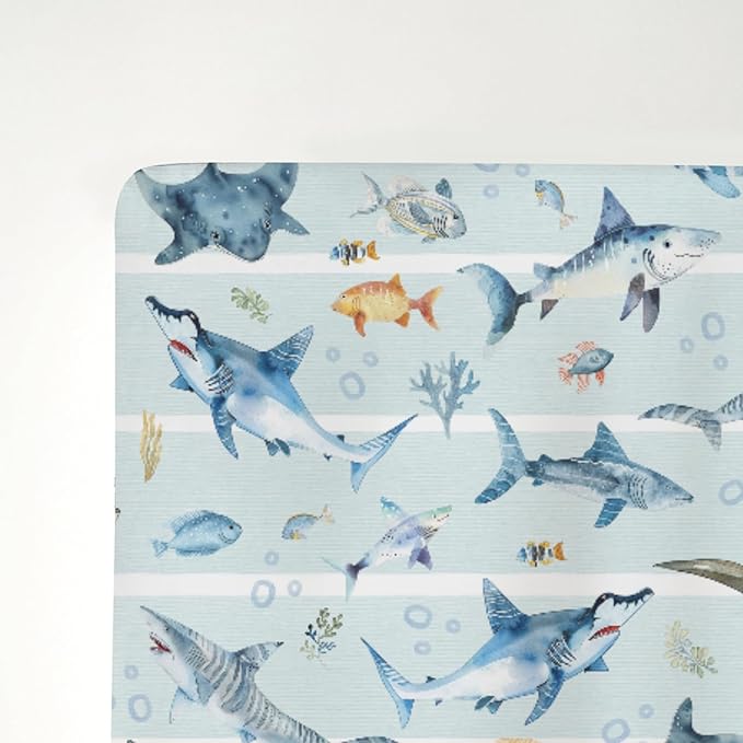 Blue Sharks Baby Crib Sheets for Boy Girl 28"x52" Sea Animals Shark Striped Corals Soft Snug Fitted Crib Mattress Covers Nautical Sharks Baby Sheet for Standard Crib and Toddler Bed Mattress