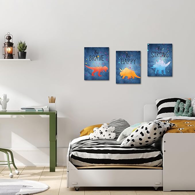 Apicoture Navy Blue Dinosaur Kids Room Wall Decor Brave Happy Cartoon Quotes Dinosaur Paintings Canvas Wall Art Pictures For Childrens Bedroom Framed, 12"X16"X3 Panels (Blue)
