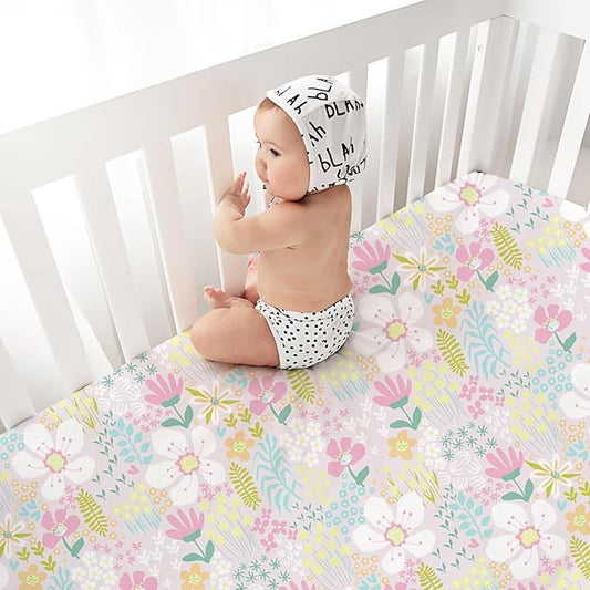 Little Grape Land Crib Sheets Baby Toddler Sheets 4 Pack Fitted for Boys Girls, Standard Size 28x52‘’ Crib Mattress, Super Soft Breathable Washable Microfiber (Floral/Blossom/Dots/Blush Pink)