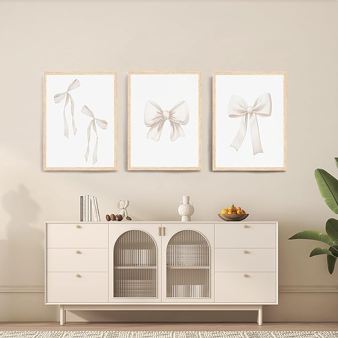 PicturePerfect Decor Bow frame wall art decoration set of 3 pieces beige aesthetic wall art fashion girl bedroom wall decoration beige bow print living room university apartment 16x24 inches