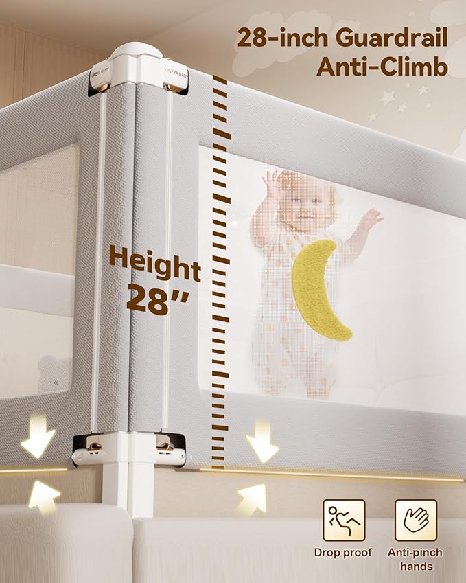3 Piece Bed Rails for King Size Bed, No-Drill Needed Baby Bed Rail Guard for Toddlers with Height Adjustable, Thickened Child Safety Side Railing Guards/Bedrail for Kids, Grey Bear, 74.8x78.7x78.7in