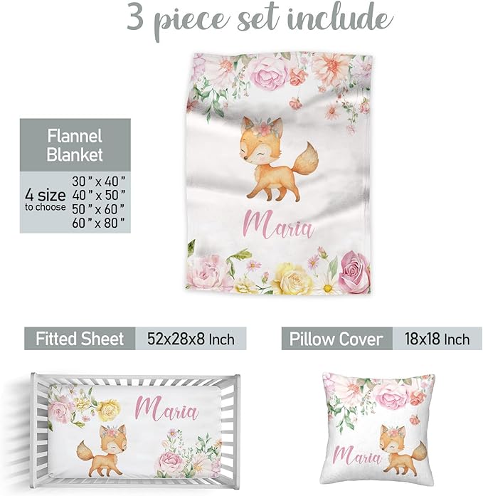 Personalized Fox Baby Crib Bedding Set for Girls – Custom Name 3-Piece Nursery Bedding with Blanket, Fitted Crib Sheet & Pillowcase – Soft Baby Bedding for Newborn Infant Toddler