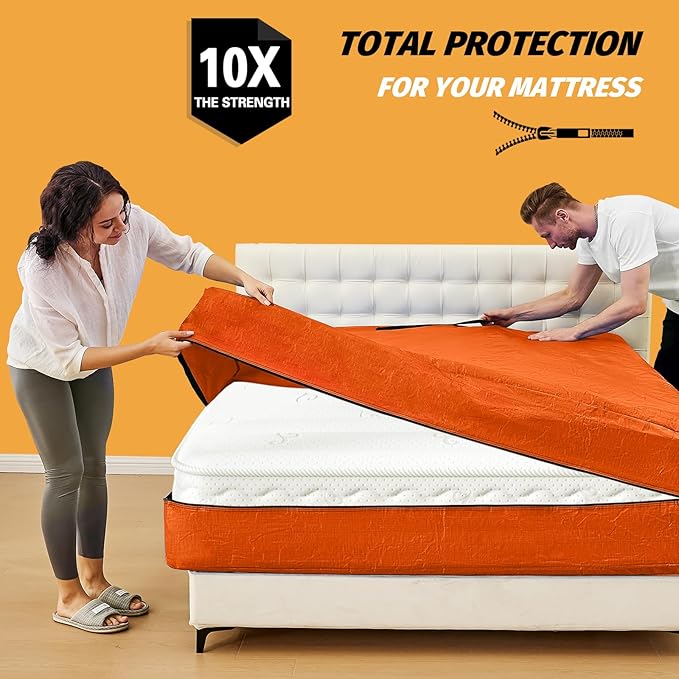 Mattress Bags for Moving, BETU Mattress Protector Waterproof Mattress Cover Queen Size Storage Bags with 8 Heavy-Duty Handles and Zipper for Bed Extra Thick Large Reusable (82"x62"x15" Orange)