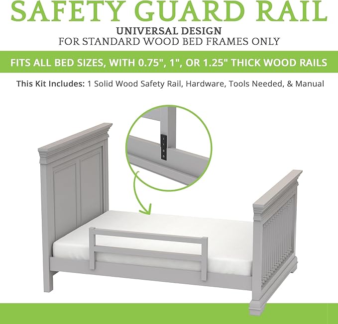Safety Guard Rail for Baby, Kids, and Children - Solid Wood Safety Bed Rail for Toddlers - Easy Installation - Premium Protection for Bunk, Twin, Full, Queen and King Size Beds - (Grey - Delta 026)