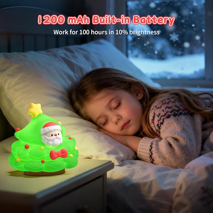ICARER FAMILY Christmas Tree Night Light, Touch Control LED Lamp, Silicone Green with Yellow Star, USB Rechargeable, 3 Brightness with Auto-Off Feature, Indoor Bedroom Decor