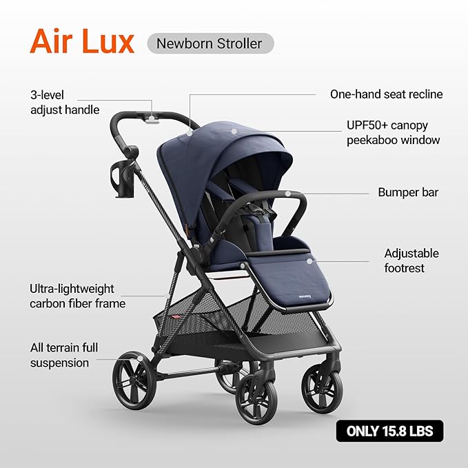 MAMAZING Air Lux Baby Stroller, Strength Carbon Fiber Frame & Only 15.8lbs, Newborn Stroller with Car Seat Adapter, One-Hand Compact Folding & Reversible Seat, Infant Insert & Cup Holder Included
