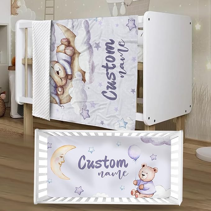 Personalized Baby Crib Bedding Set, Custom Name Moon Bear Baby Bedding 2-Pcs Set - Soft Double Layer Dotted Blanket and Fitted Sheet, Nursery Bedding for Newborn Boys Girls, Perfect Shower Gift