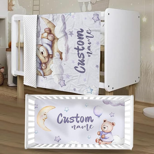 Personalized Baby Crib Bedding Set, Custom Name Moon Bear Baby Bedding 2-Pcs Set - Soft Double Layer Dotted Blanket and Fitted Sheet, Nursery Bedding for Newborn Boys Girls, Perfect Shower Gift