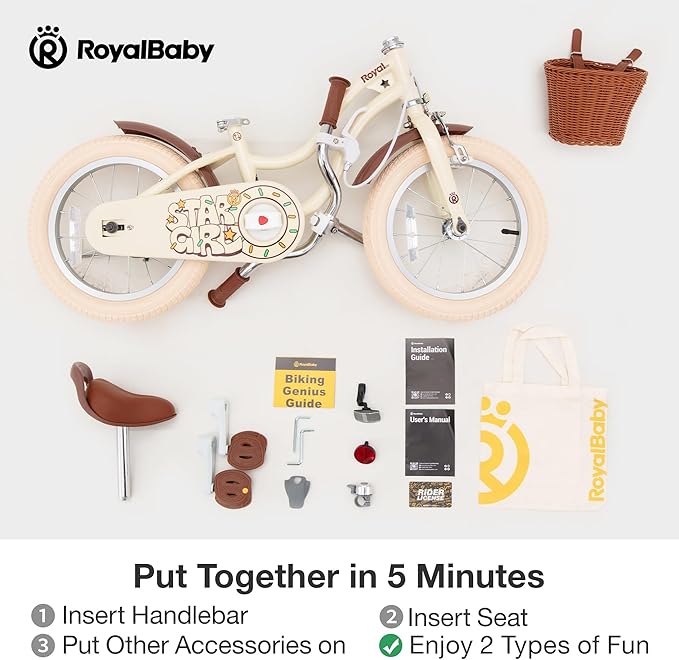 RoyalBaby Girls Bike EZ Kids Bike Stargirl Training Free Balance to Pedal Easy Learning Bicycle, 14 Inch for Toddlers & Big Kids, Brown