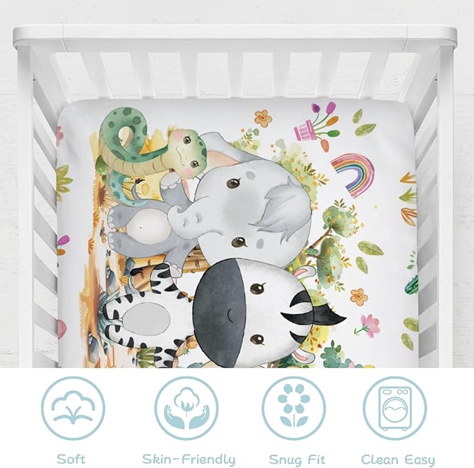 Baby Jungle Safari Animals Tropical Leaves Flowers Baby Crib Sheet 52''x28'' Fitted Crib Mattress Cover for Boy Girl Nursery Bed Sheet Fits Standard Crib Toddler Mattress (African, One Size)