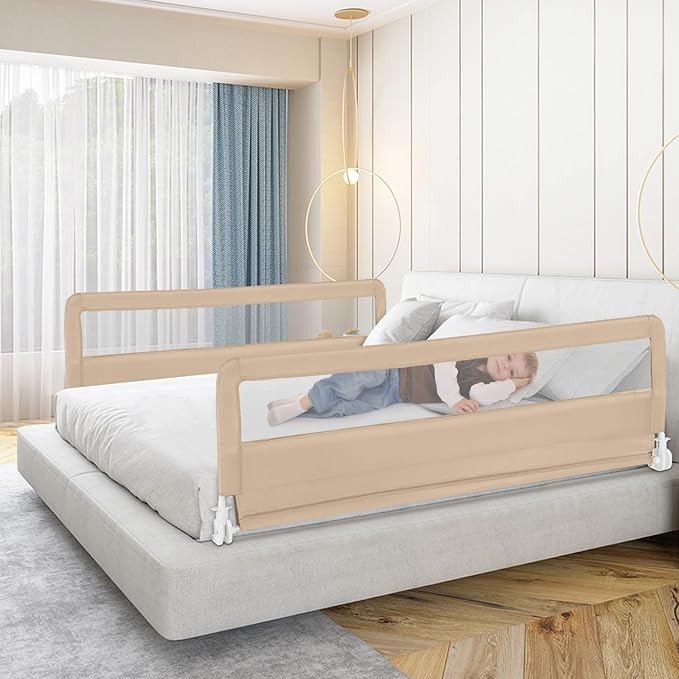HONEY JOY Bed Rail for Toddlers, 71-in Extra Long, Portable Safety Bed Guardrail w/Double Safety Child Lock, Foldable Baby Bed Rail Guard, Fit King & Queen Full Twin Size Bed Mattress(Beige, Pack 2)