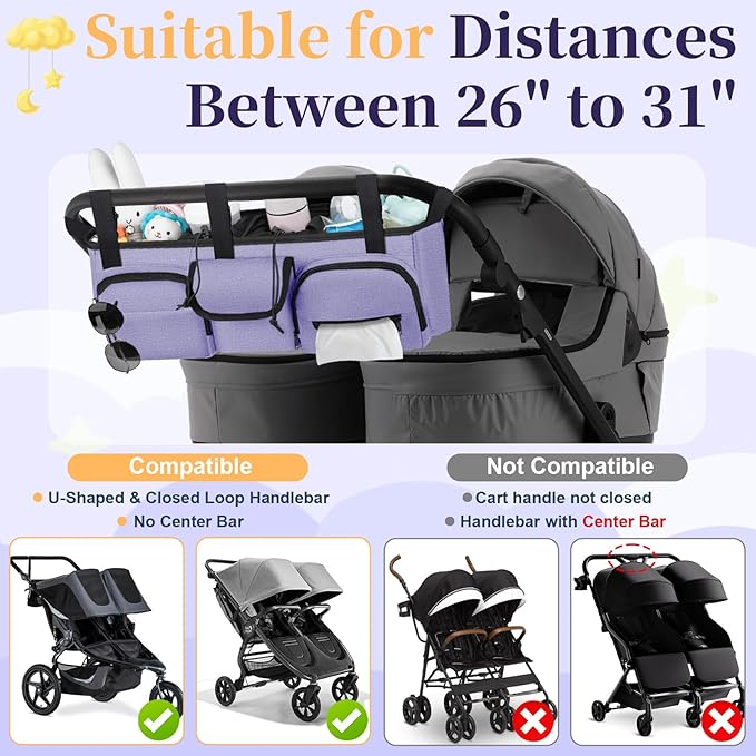 Double Stroller Organizer Compatible with Bob Duallie and Baby Jogger City Mini GT2, Double Baby Stroller Accessories with Cooler Bag, Parent Console Double Jogging Stroller Caddy, Purple