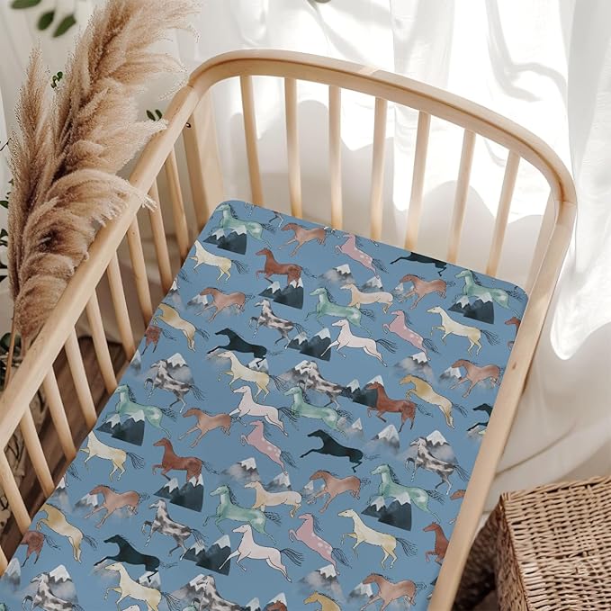 Boho Horses Mountains Baby Crib Sheets for Boy Girl 28"x52" Wild Horses Blossom Soft Snug Fitted Crib Mattress Covers Horse Lovers Nursery Baby Sheet for Standard Crib & Toddler Bed Mattress Blue