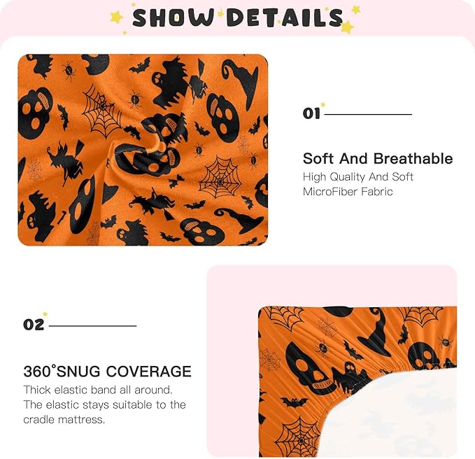 Halloween Orange Bat Ghost Crib Sheets Soft Breathable Fitted Baby Crib Sheets Mattress Cover for Girl Boys, 52" x 28" x 9"