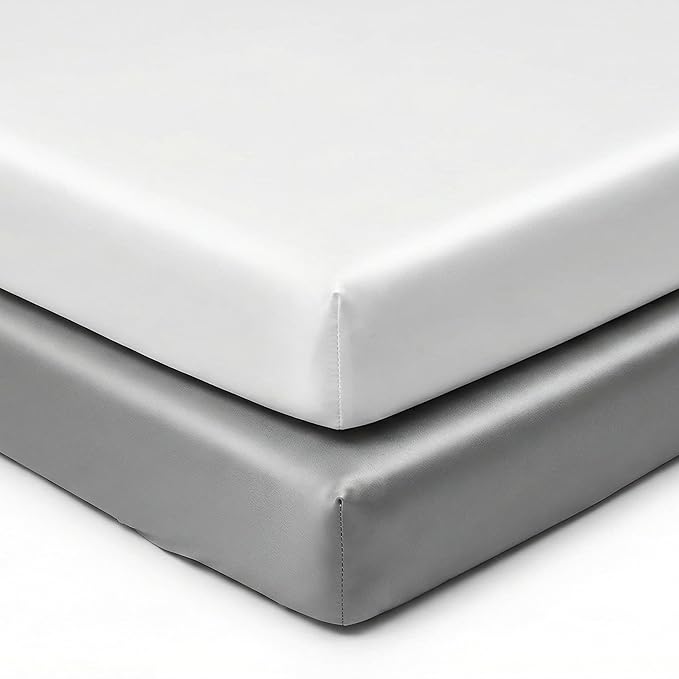 Pro Goleem Satin Mini Crib Sheets 2 Pack, Grey & White Silky Soft Fitted Sheet for Baby Hair Protection, 38"x24"x5" Breathable Mattress Cover Compatible with Pack n Play & Portable Crib