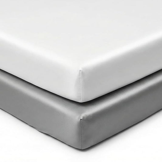 Pro Goleem Satin Mini Crib Sheets 2 Pack, Grey & White Silky Soft Fitted Sheet for Baby Hair Protection, 38"x24"x5" Breathable Mattress Cover Compatible with Pack n Play & Portable Crib
