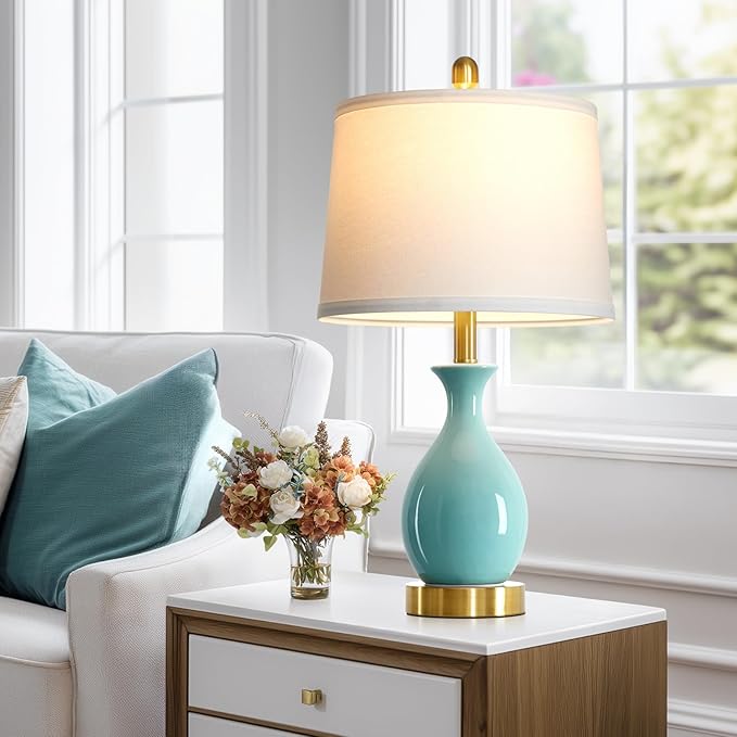 luxeflow 24" Bedroom Table Lamps Set of 2, Modern Classic Ceramic Lamps for Living Room, Small Bedside Table Lamp for Nightstand or End Table, Aqua Blue (2 LED Bulbs Included)