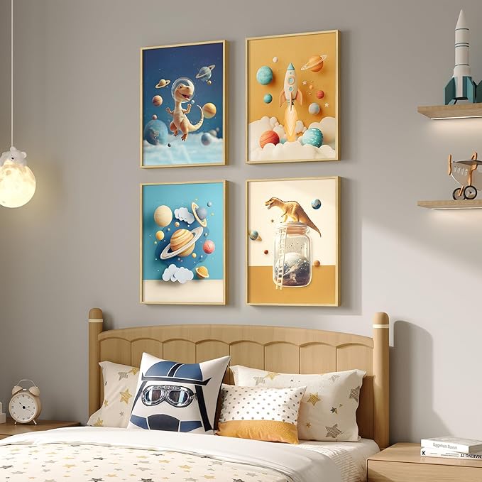 Framed Outer Space Themed Wall Art for Kids Room, 4 Piece Planets Rocket Canvas Wall Art Prints, Modern Space decor for Boys Bedroom, Nursery, Playroom, Bathroom Wall Decor, 11x14 Inch