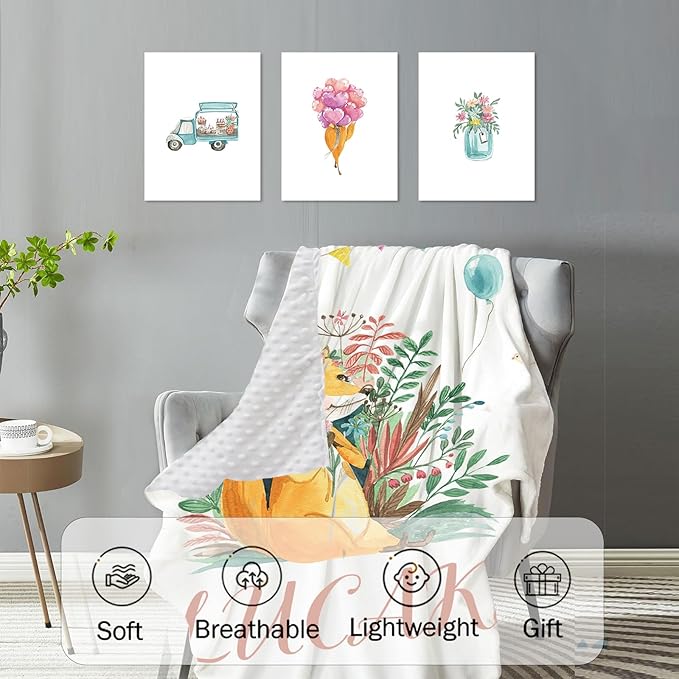 Custom Name Crib Bedding Set, Personalized Fox Baby Bedding 5-Piece Set with Soft Blanket Fitted Sheet Changing Pad Cover Rug and Wall Art, Cute Forest Animal Nursery Decor for Newborn Boys Girls