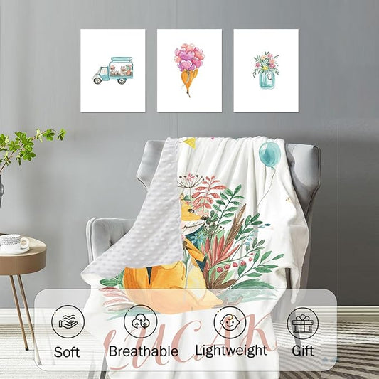 Custom Name Crib Bedding Set, Personalized Fox Baby Bedding 5-Piece Set with Soft Blanket Fitted Sheet Changing Pad Cover Rug and Wall Art, Cute Forest Animal Nursery Decor for Newborn Boys Girls