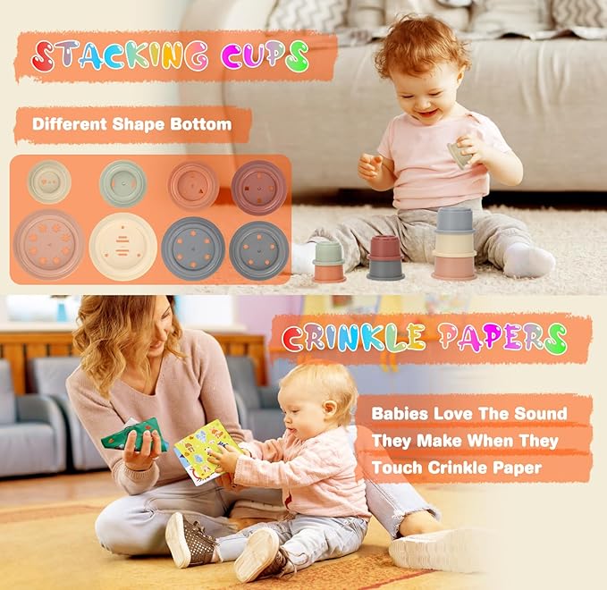 Baby Toys 6 to12 Months, 7 in-1 Montessori Toy for 6-9-12-18 Month Old with Pull String Toy, Sensory Bin Toys, Stacking Baby Blocks & Soft Infant Ring & Sensory Ball, Stacking Cups for Toddler 1-3Gift