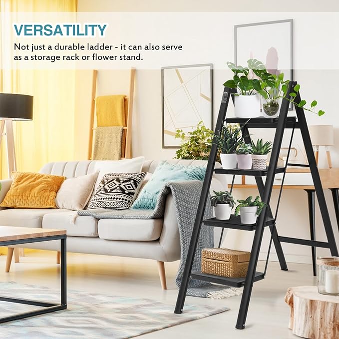 BOCOM 4 Step Ladder, Lightweight Portable Foldable Collapsible Folding Sturdy Iron Metal Step Stool with Anti-Slip Wide Pedal, Heavy Duty 330 lbs Capacity, for Home, Kitchen, Closet, Adults, Black