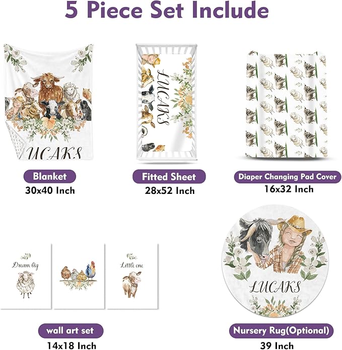 Personalized Baby Crib Bedding Set, Custom Name Nursery Set 5-Piece - Soft Blanket Fitted Sheet Changing Pad Cover Rug and Wall Art, Cute Woodland Animal Theme for Boys Girls