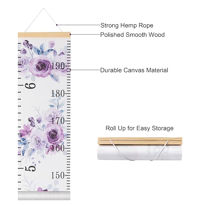 BESSLEE Canvas Kids Growth Chart for Wall, Purple Flowers Height Measurement Tracker for Baby Girl, Hanging Ruler with Removable Hook, Nursery Room Playroom Toddler Bedroom Decor, 79”x7.9”