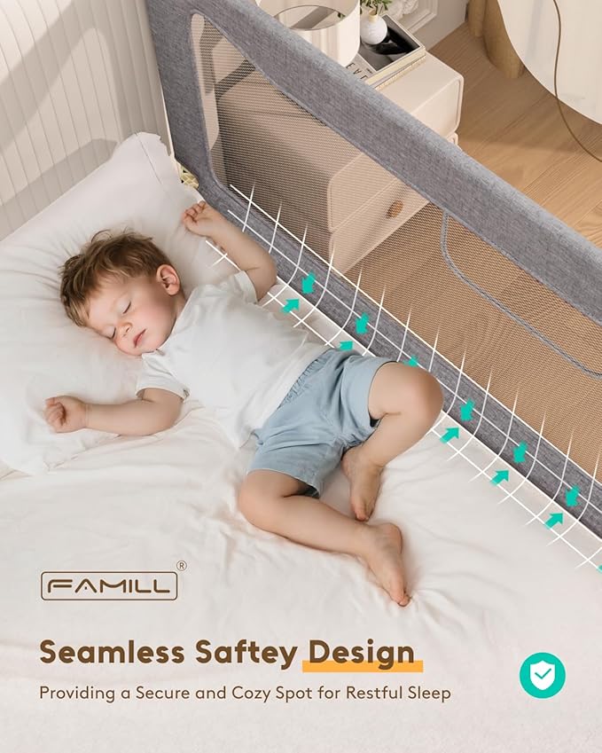 FAMILL Bed Rail for Toddlers, Foldable Toddler Bed Rails Suitable for Queen/King/Full/Twin Size, Grey, 60", 1 Side