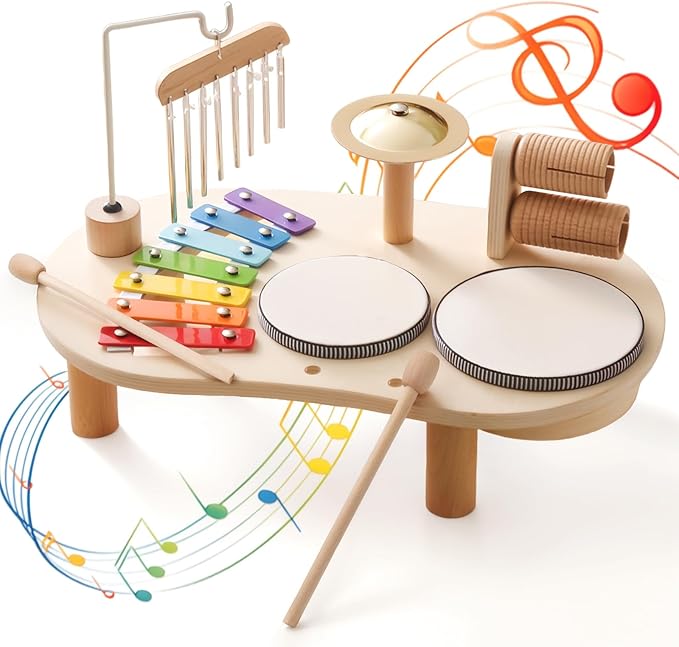 Promise Babe Wooden Drum Set for Toddlers 1-3, Musical Percussion Instruments for Kids Baby Drum Set Xylophone, Montessori Educational Musical Toys for Girls Boys Ages 3+