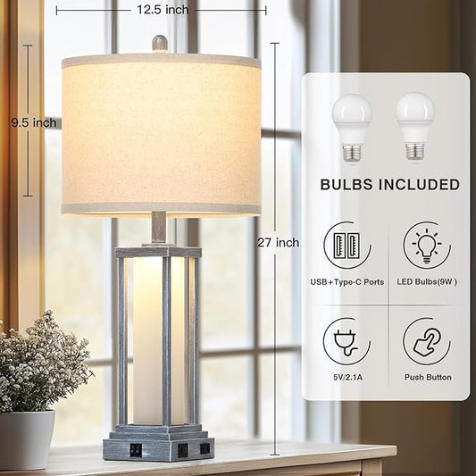 Cinkeda 27" Tall Vintage Table Lamp Set of 2 with USB C+A & Outlet,Gray Nightstand Lamp for Living Room,Retro Bedside Lamps with Frosted Glass Night Light for Bedroom Entryway,Grey