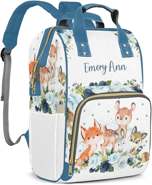 Personalized Boy Woodland Forest Navy Blue Floral Custom with Name Diaper Bag Backpack For Baby Boy Girl Dad Mom Unisex for Adult Daypack Holiday Gift