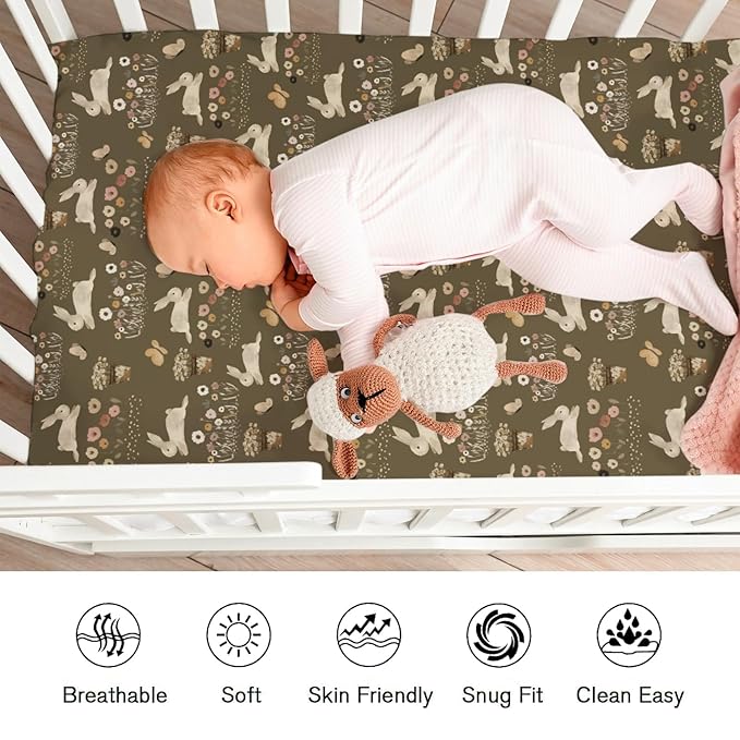 Cute Hopping Bunnies Flowers Fitted Baby Crib Sheets Boy Girl 52"x28" Rabbits Boho Retro Floral Soft Crib Mattress Covers Spring Garden Easter Baby Sheets for Standard Crib and Toddler Bed Mattress