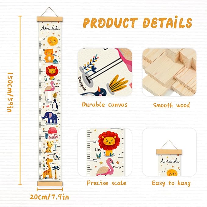 Woodemon Personalized Name Kids Growth Chart, Watercolor Animal Canvas Height Measurement Ruler for Baby, Kids Height Wall Chart for Child's Room Decoration, Waterproof Measuring Wall Ruler