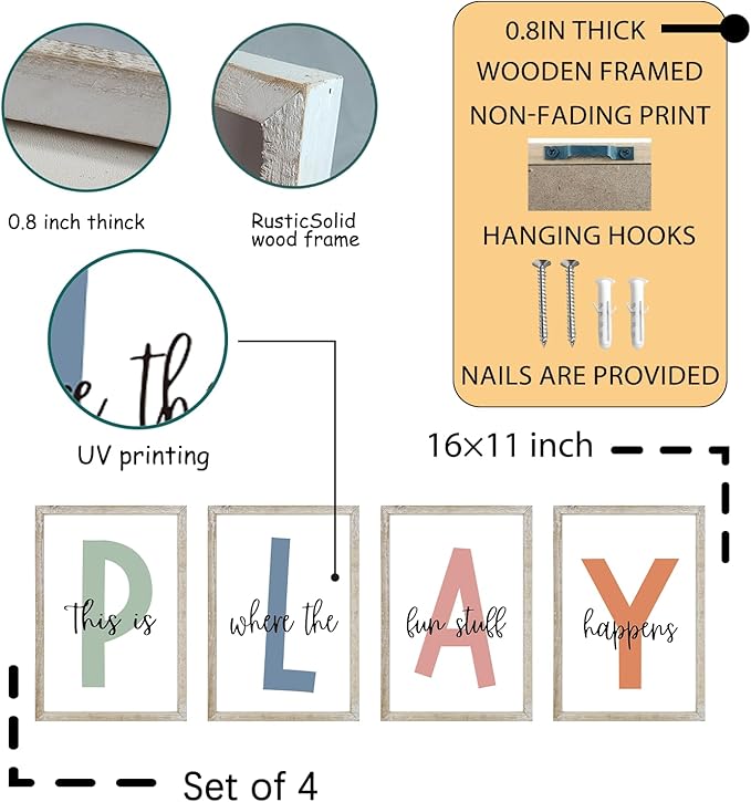 This Is Where The Fun Stuff Happens Kids Playroom Wall Art Decor 16x11 Inch Set Of 4 Rustic Kids Wood Framed Sign Toddler Modren Nursery Interesting Let's Play Prints Wall Hanging (White)
