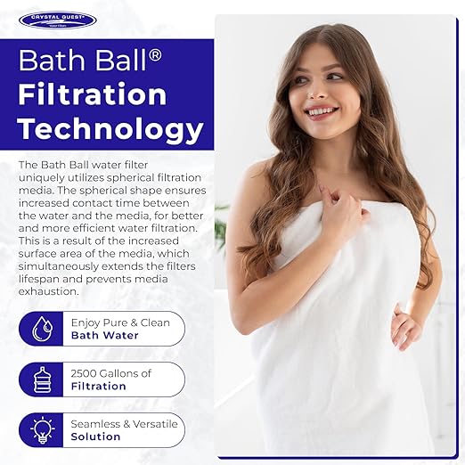 Crystal Quest Bath Ball Water Filter for Bathtub - 3-Stage Filtration, Removes Chlorine, Chloramine & Byproducts, 2,500 Gallons, BPA Free, pH Balanced Water, Fits Most Tubs, Easy Install - Chrome