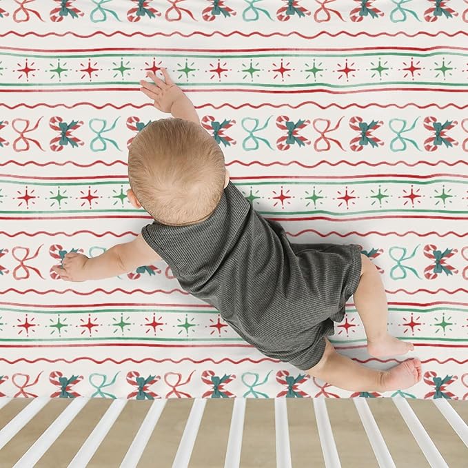 Red and Green Christmas Candy Stripes Bows Baby Crib Sheets for Boy Girl 52x28Inch Winter Christmas Soft Snug Fitted Crib Mattress Cover Festive Holiday Baby Sheet for Standard Crib & Toddler Mattress