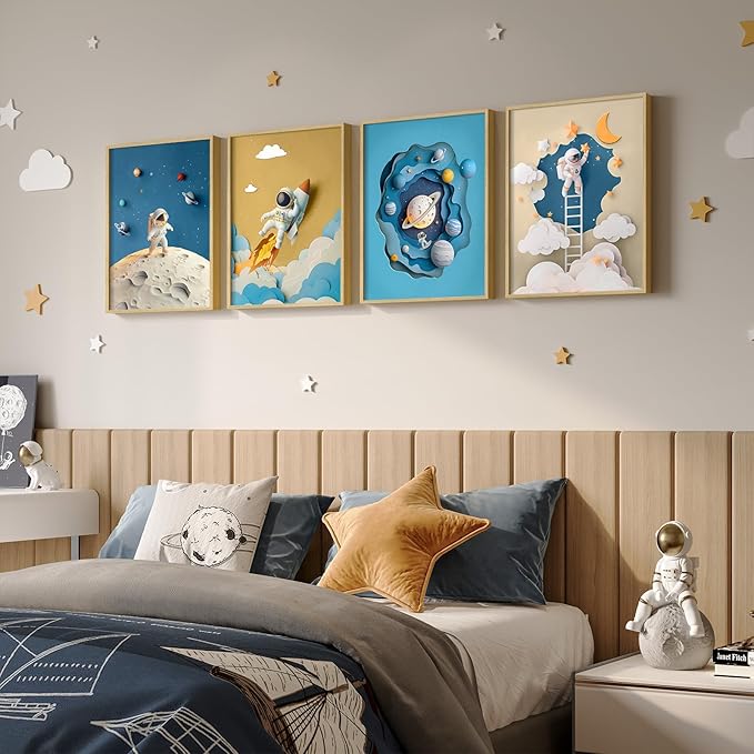 Framed Space Astronaut Wall Art for Nursery Decor, 4 Piece Outer Space Themed Canvas Art Prints Paintings, Planet Rocket Pictures for Bedroom, Kids Room, Baby Room, Boys Room, Bathroom Wall Decor