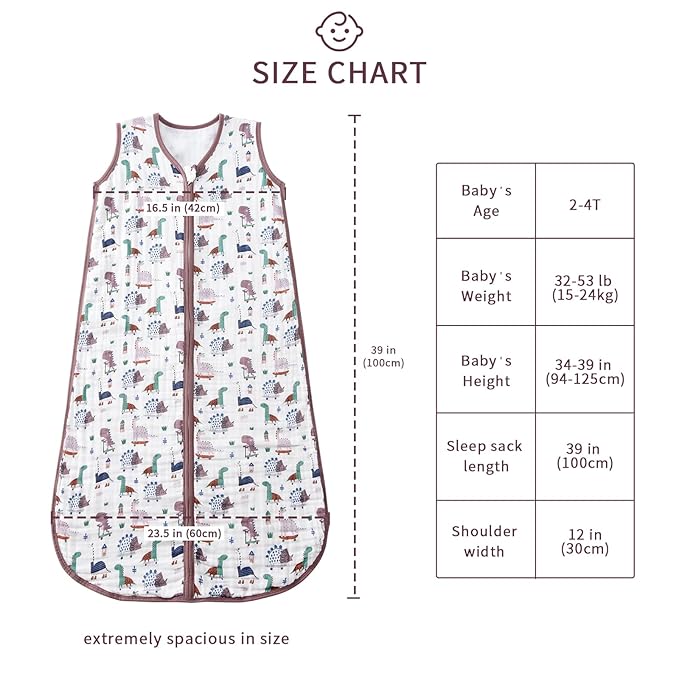 Baby Sleep Sack 2-4 T Baby Wearable Blanket 100% Organic Cotton 0.5 TOG Toddler Sleep Sacks 2- Way Zipper Soft 4 Layers Muslin 2T 3T 4T Dinosaur