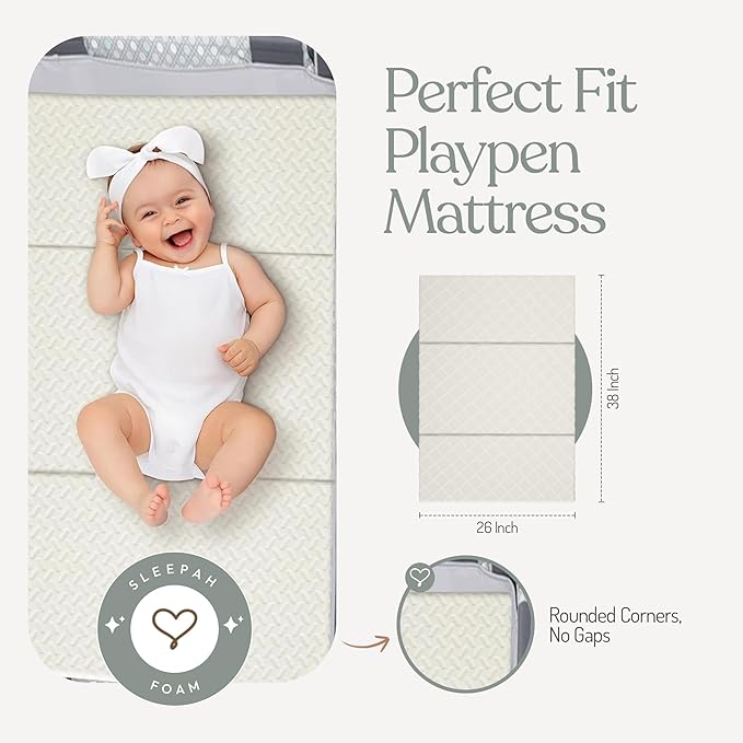 Sleepah Pack and Play Mattress Waterproof & Washable Cover Foldable Tri-Fold Pad 38 x 26 x 1.5 Pad for Babies and Toddlers Play Yards Mattresses Fits Most Playpens
