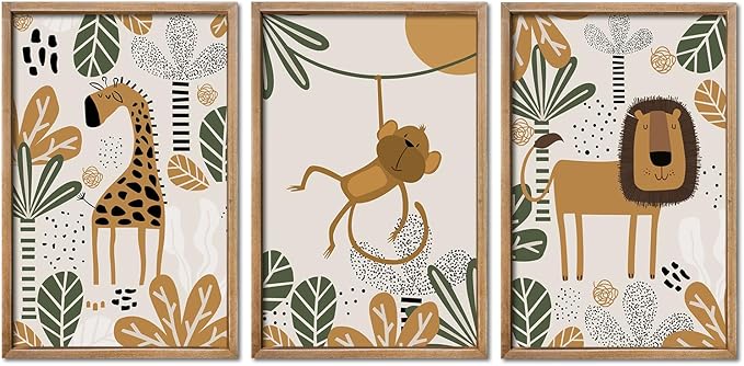 YWJKWLGS Kids Safari Animal Wall Art Set of 3 - Cartoon Lion Monkey Giraffe Prints - 16x24 inch Wood Framed Nursery Decor for Baby/Toddler Room - Boho Jungle Theme Kids Room Wall Decor (Wood)