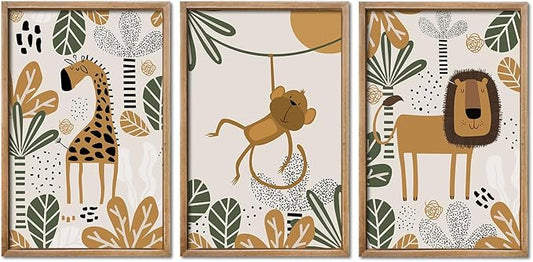 YWJKWLGS Kids Safari Animal Wall Art Set of 3 - Cartoon Lion Monkey Giraffe Prints - 16x24 inch Wood Framed Nursery Decor for Baby/Toddler Room - Boho Jungle Theme Kids Room Wall Decor (Wood)