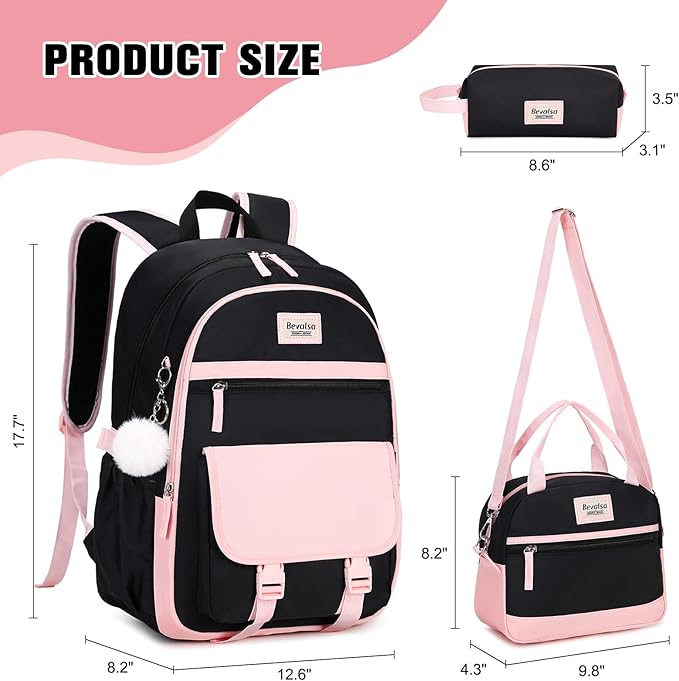Bevalsa Backpack for Girls, School Backpacks for Girls, Kids Backpack with Lunch Box & Pencil Pouch for Teens Girl Kids Elementary Middle High School College Student Bookbag Daypack (Pink Black)