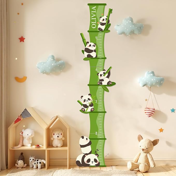 Woodemon Personalized Name Growth Chart, Bamboo Panda Wooden Height Chart, Thick Height Measuring Board, Kids Height Tracker for Nursery Decor, Baby Boy Girl Measurement Ruler