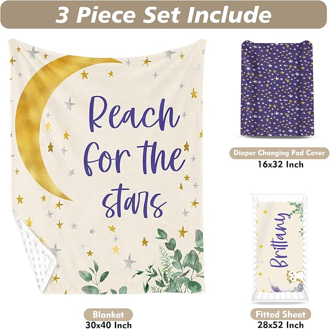 Custom Name Crib Bedding Set 3-Piece – Purple Owl Design Baby Bedding Set with Personalized Soft Blanket, Fitted Sheet, Changing Pad Cover – Ideal Newborn Gift for Boys and Girls